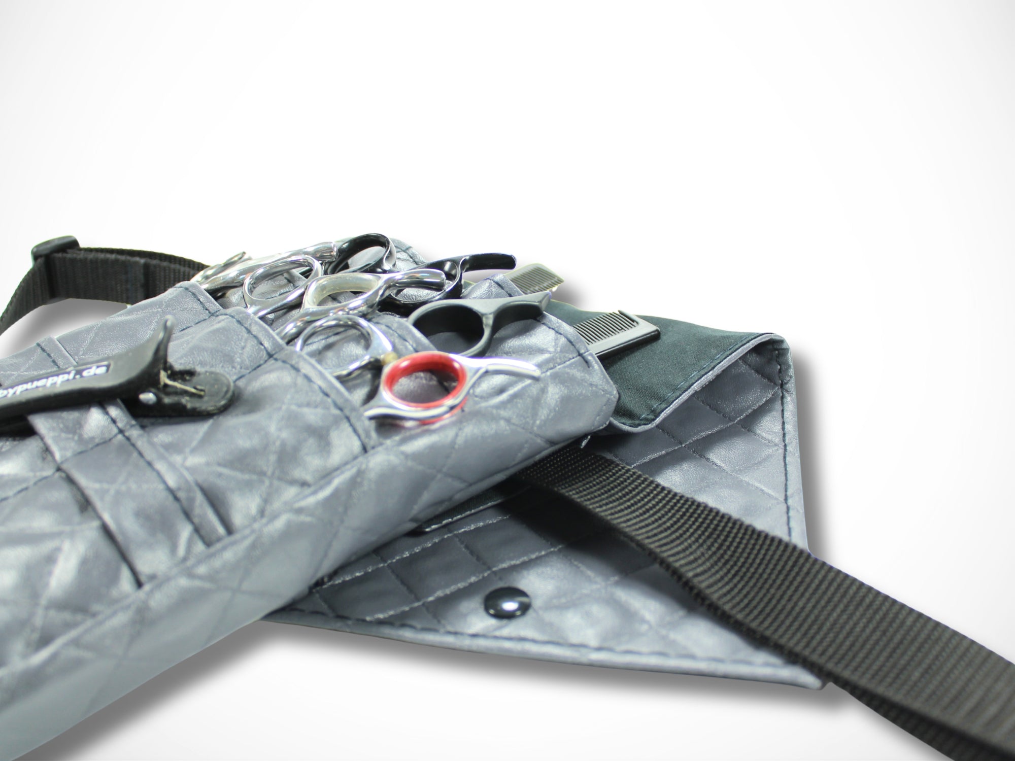 Graue Friseur Werkzeugtasche aus gesteppten Kunstleder für Friseurscheren Friseurgürtel im Friseursalon