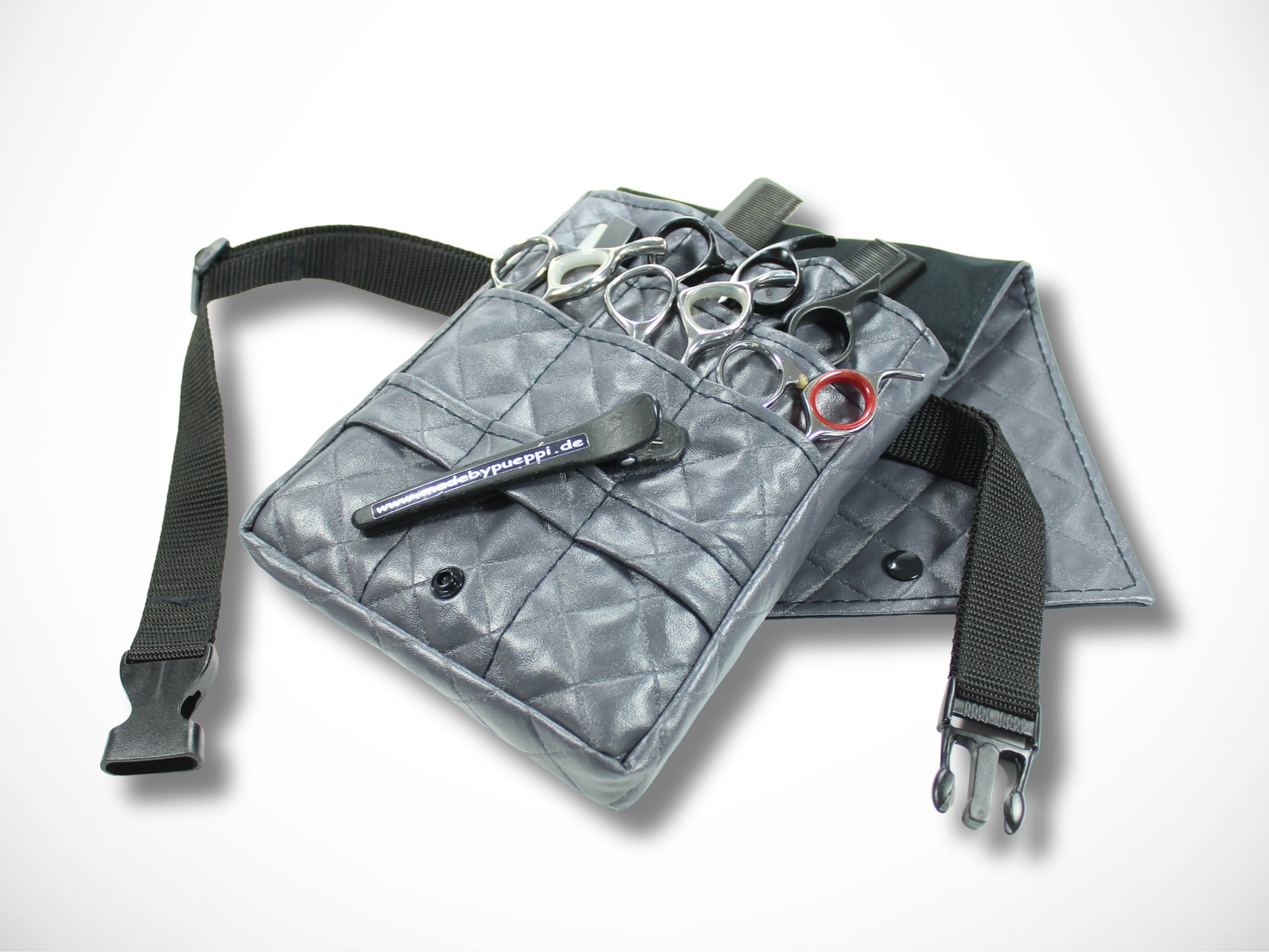 Graue Friseur Werkzeugtasche aus gesteppten Kunstleder für Friseurscheren Friseurgürtel im Friseursalon