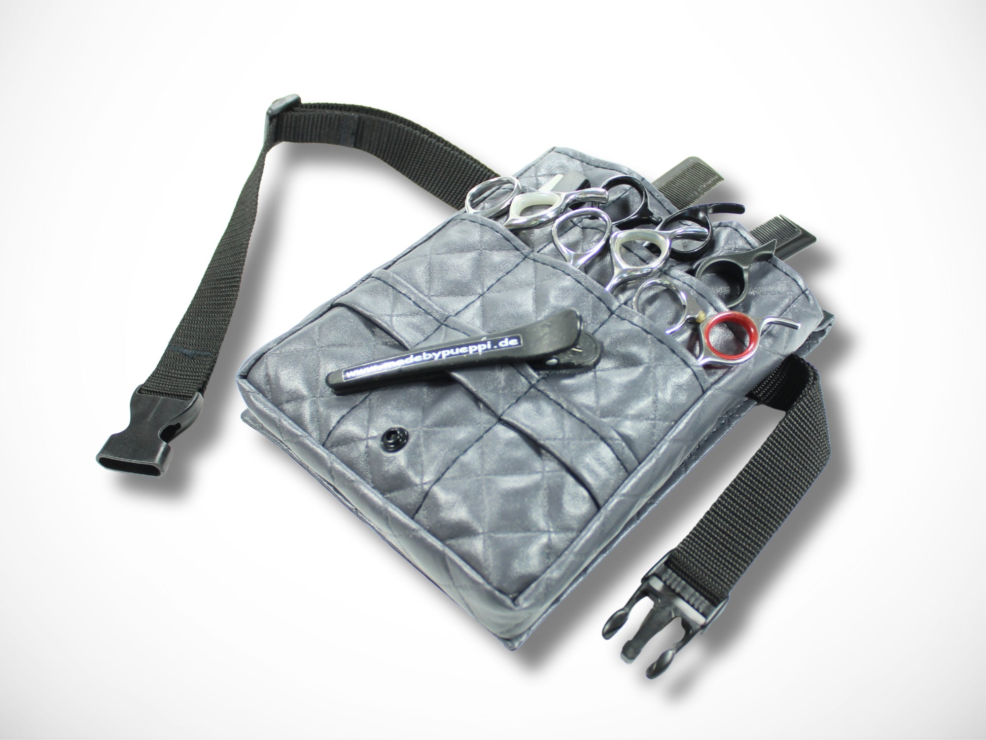 Graue Friseur Werkzeugtasche aus gesteppten Kunstleder für Friseurscheren Friseurgürtel im Friseursalon