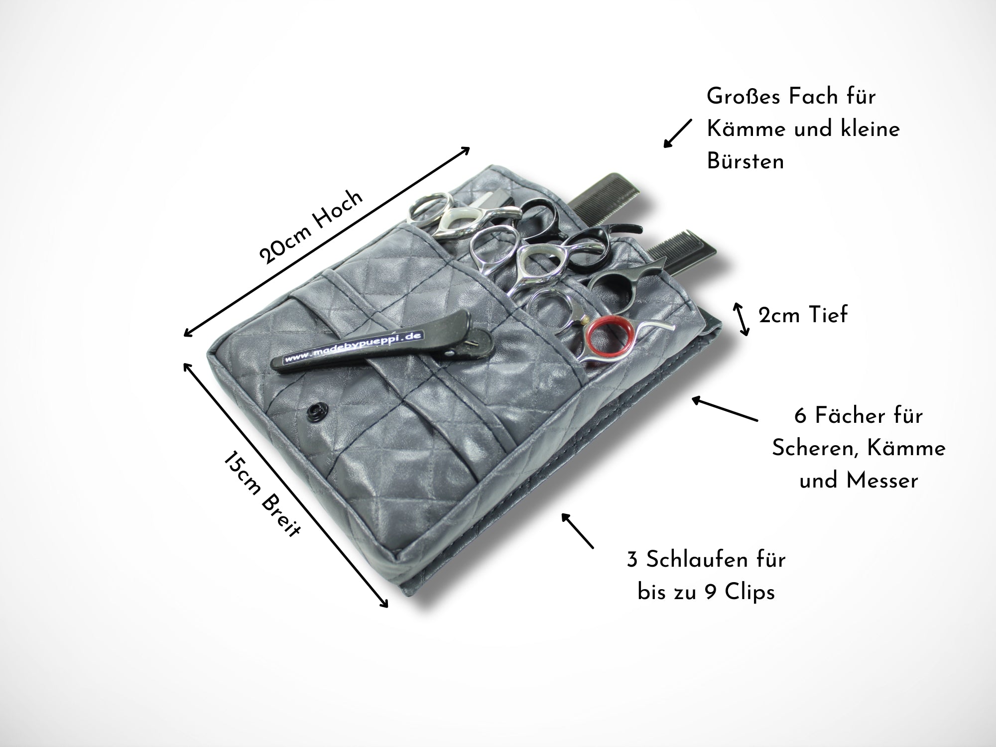 Graue Friseur Werkzeugtasche aus gesteppten Kunstleder für Friseurscheren Friseurgürtel im Friseursalon