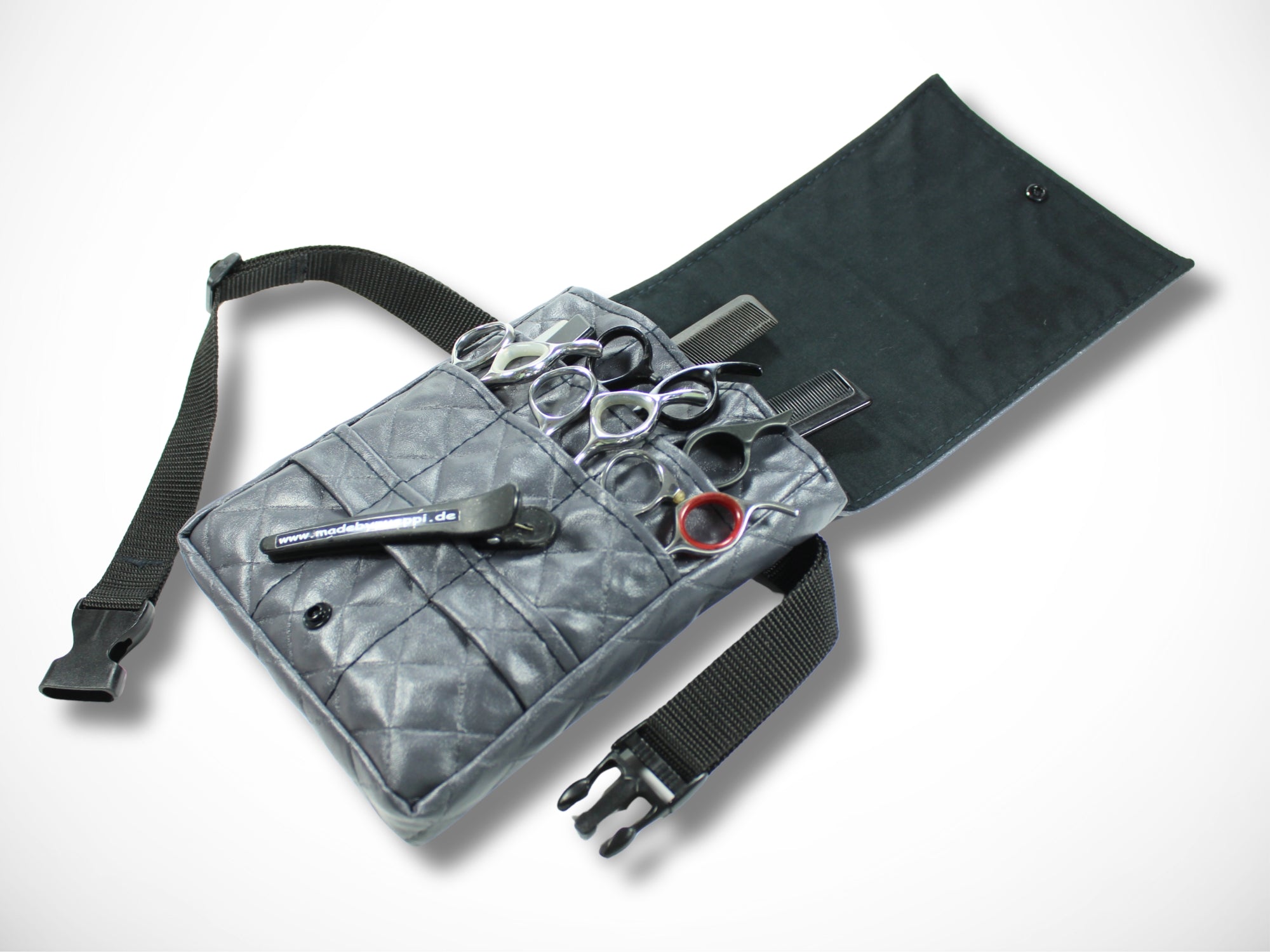 Graue Friseur Werkzeugtasche aus gesteppten Kunstleder für Friseurscheren Friseurgürtel im Friseursalon