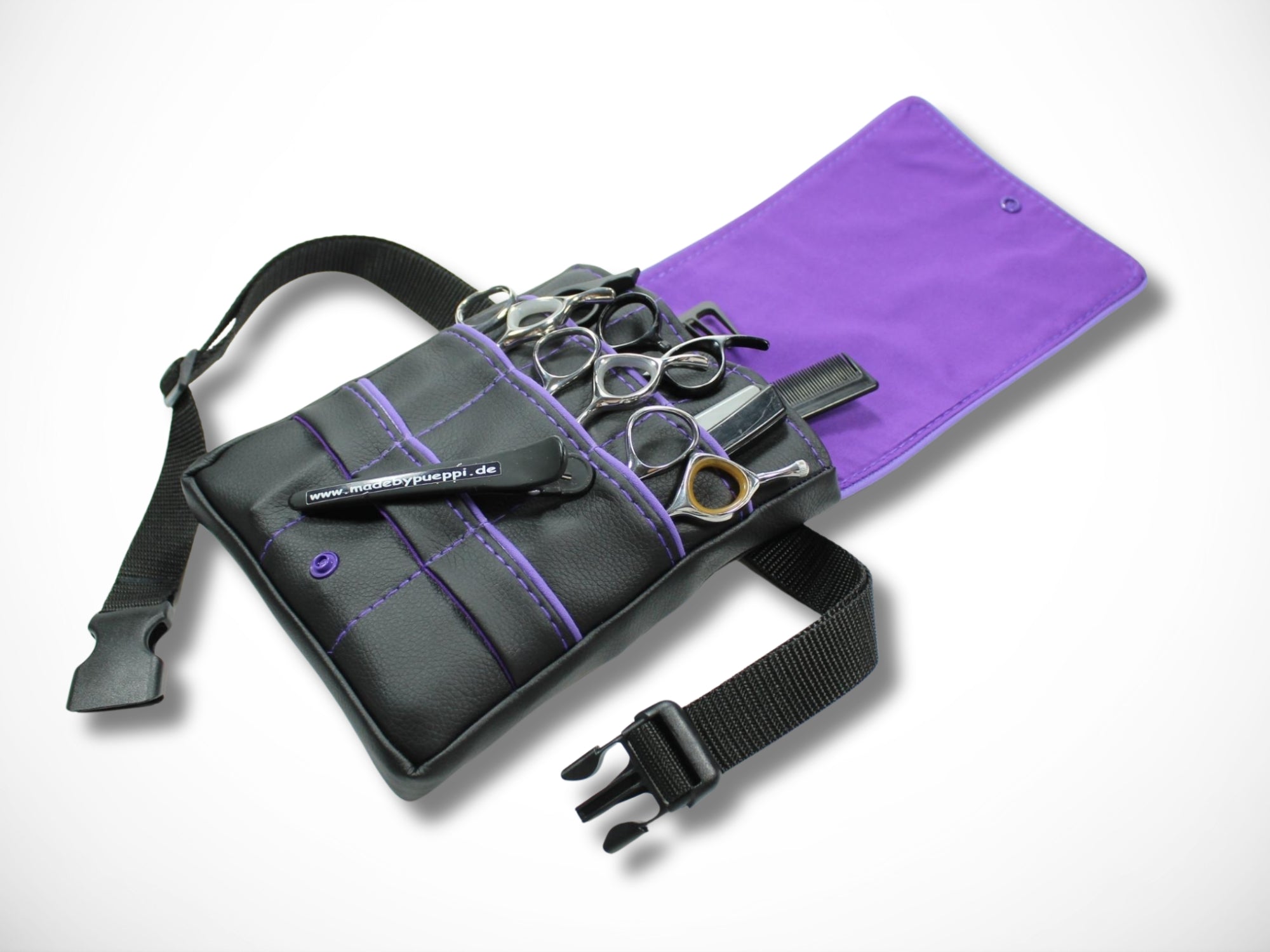 Friseur Scherentasche aus Kunstleder mit lila Highlight Werkzeugtasche für Friseurin Gürteltasche im Friseursalon