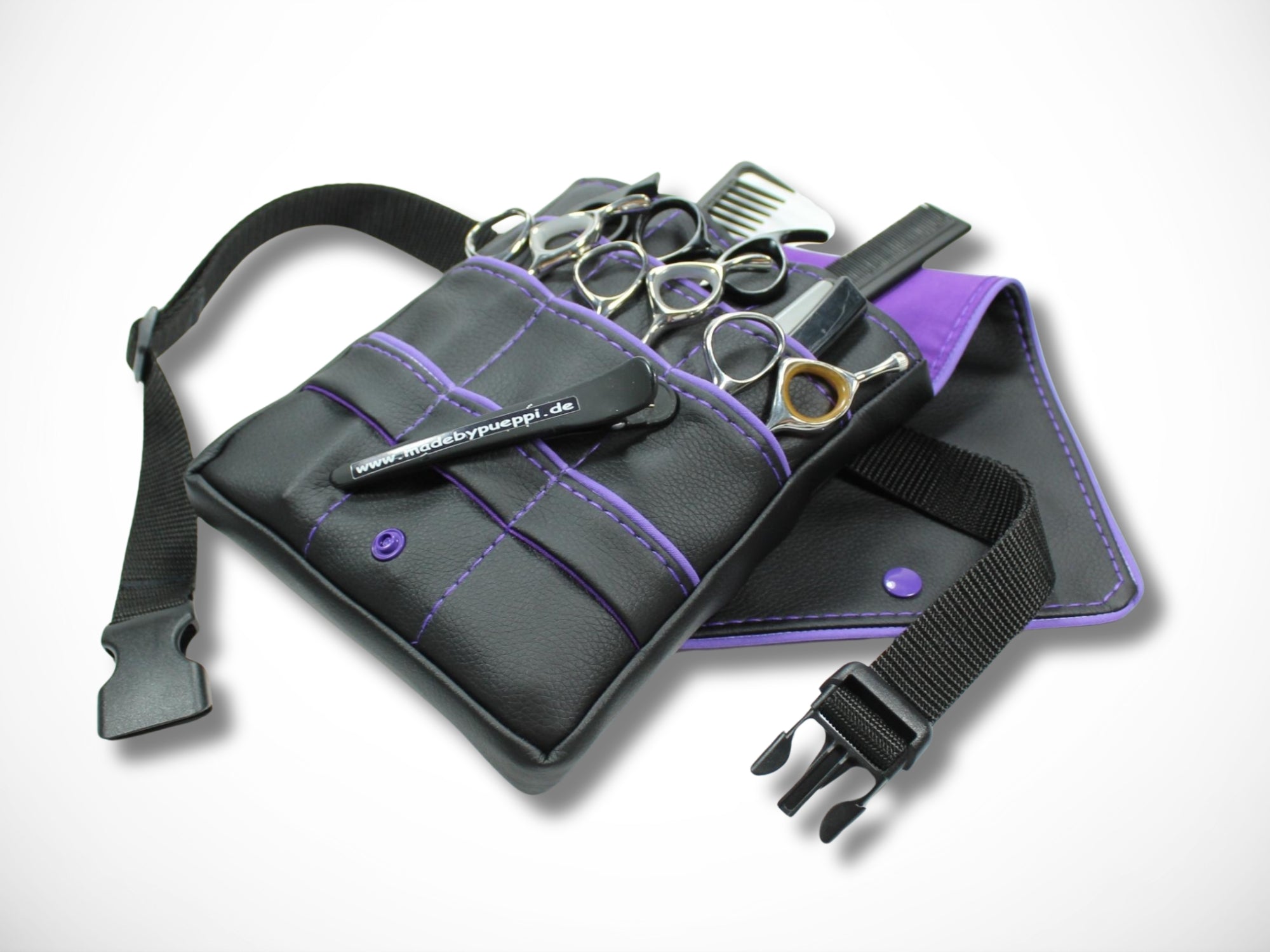 Friseur Scherentasche aus Kunstleder mit lila Highlight Werkzeugtasche für Friseurin Gürteltasche im Friseursalon