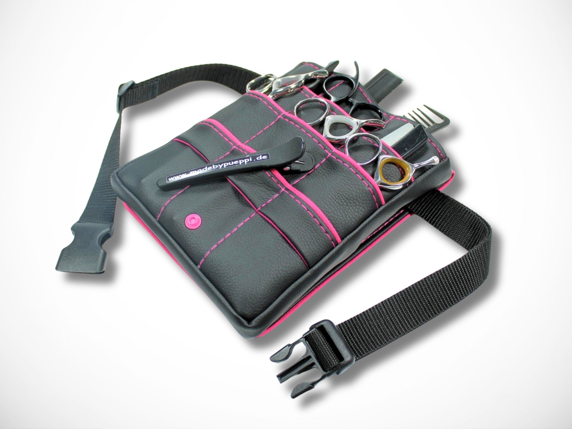 Friseur Scherentasche aus Kunstleder in schwarz mit Highlight in pink für Friseurscheren im Friseursalon