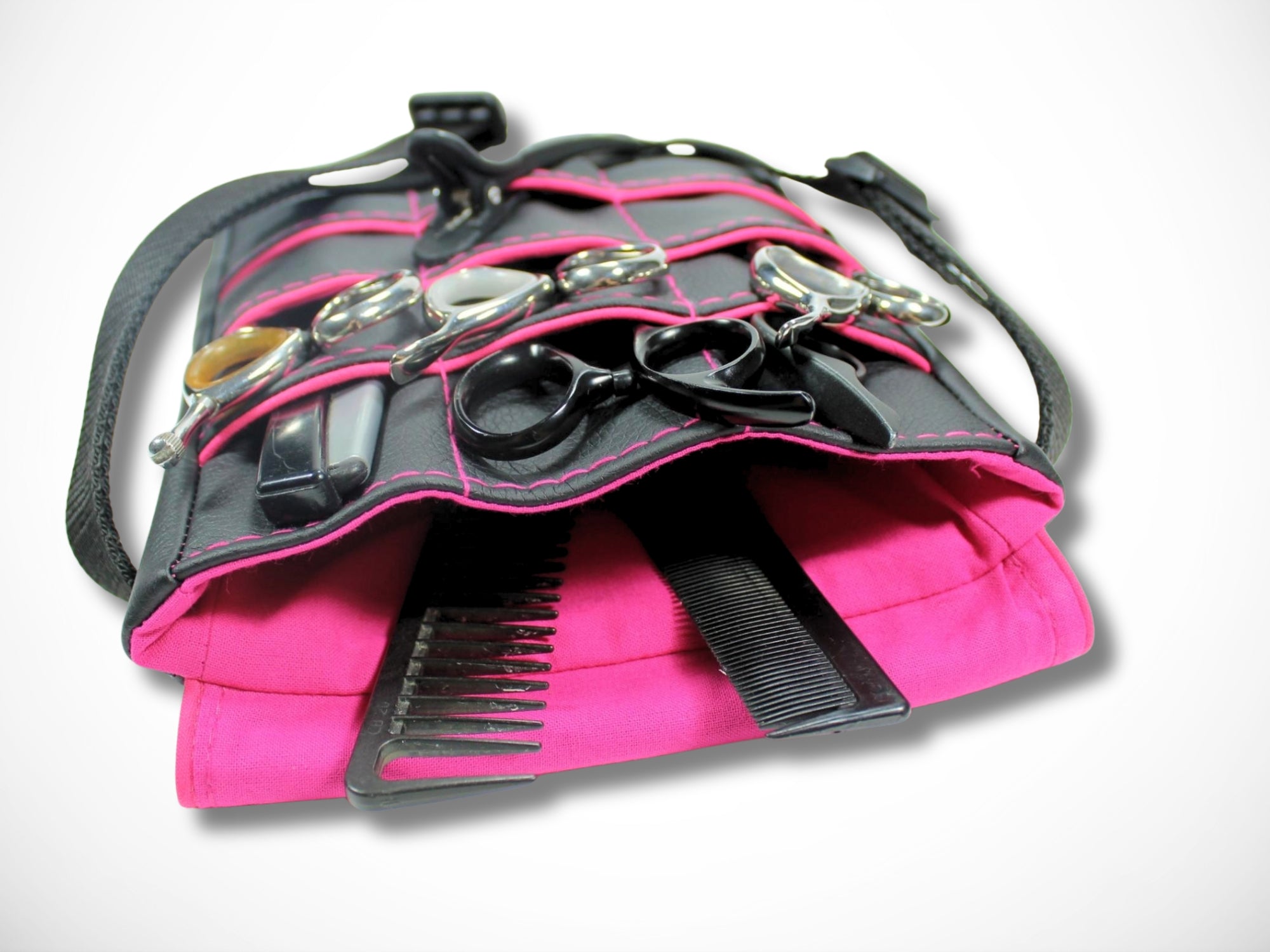 Friseur Scherentasche aus Kunstleder in schwarz mit Highlight in pink für Friseurscheren im Friseursalon