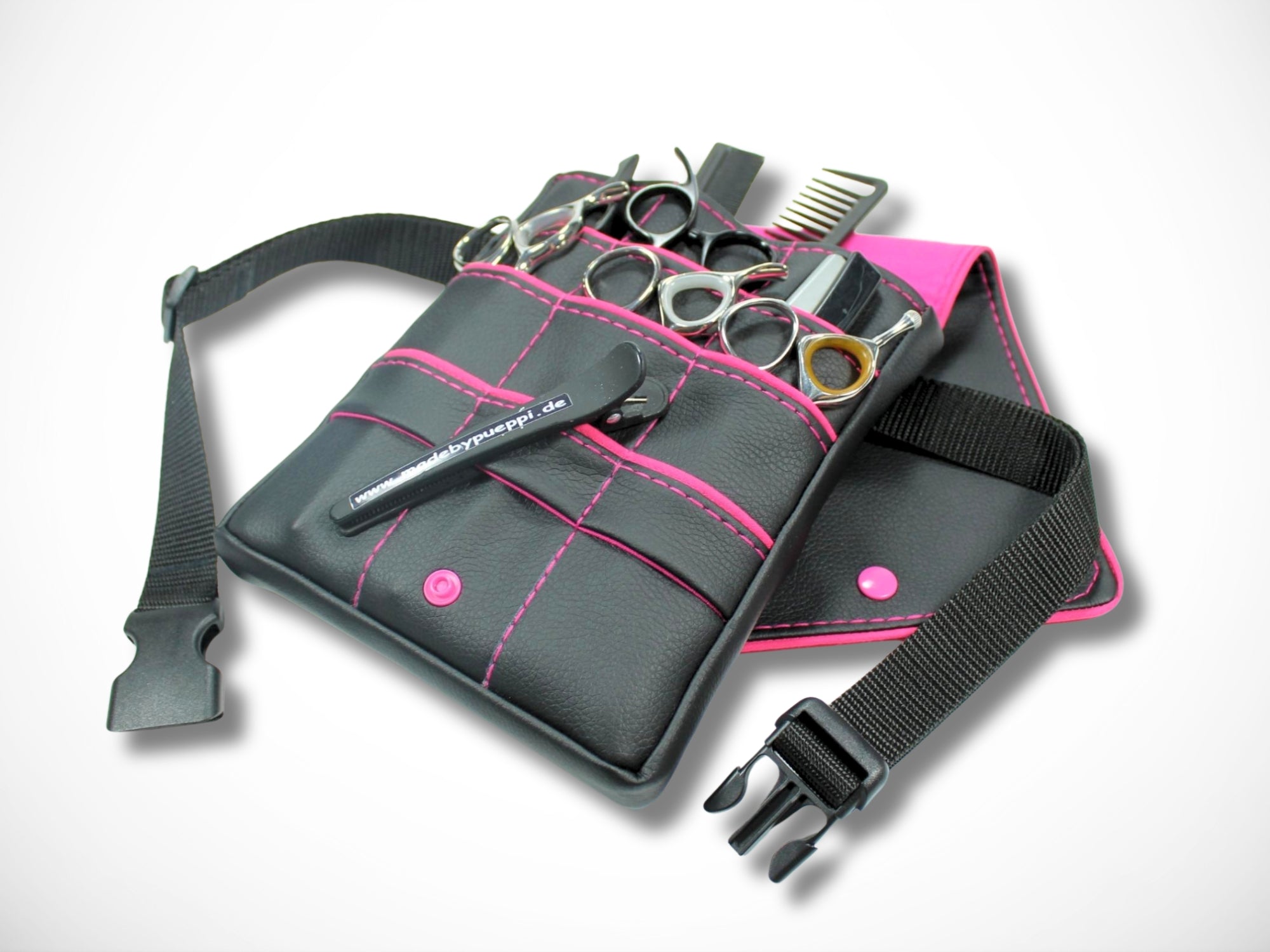 Friseur Scherentasche aus Kunstleder in schwarz mit Highlight in pink für Friseurscheren im Friseursalon