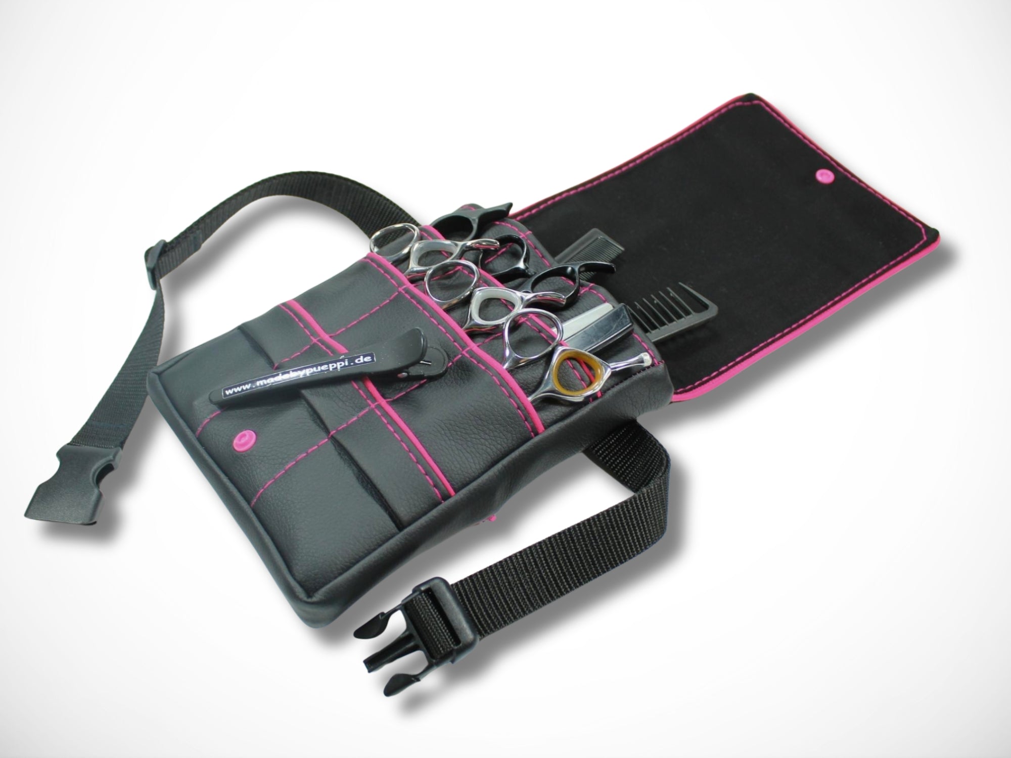 Friseur Scherentasche aus Kunstleder in schwarz mit Highlight in pink für Friseurscheren im Friseursalon