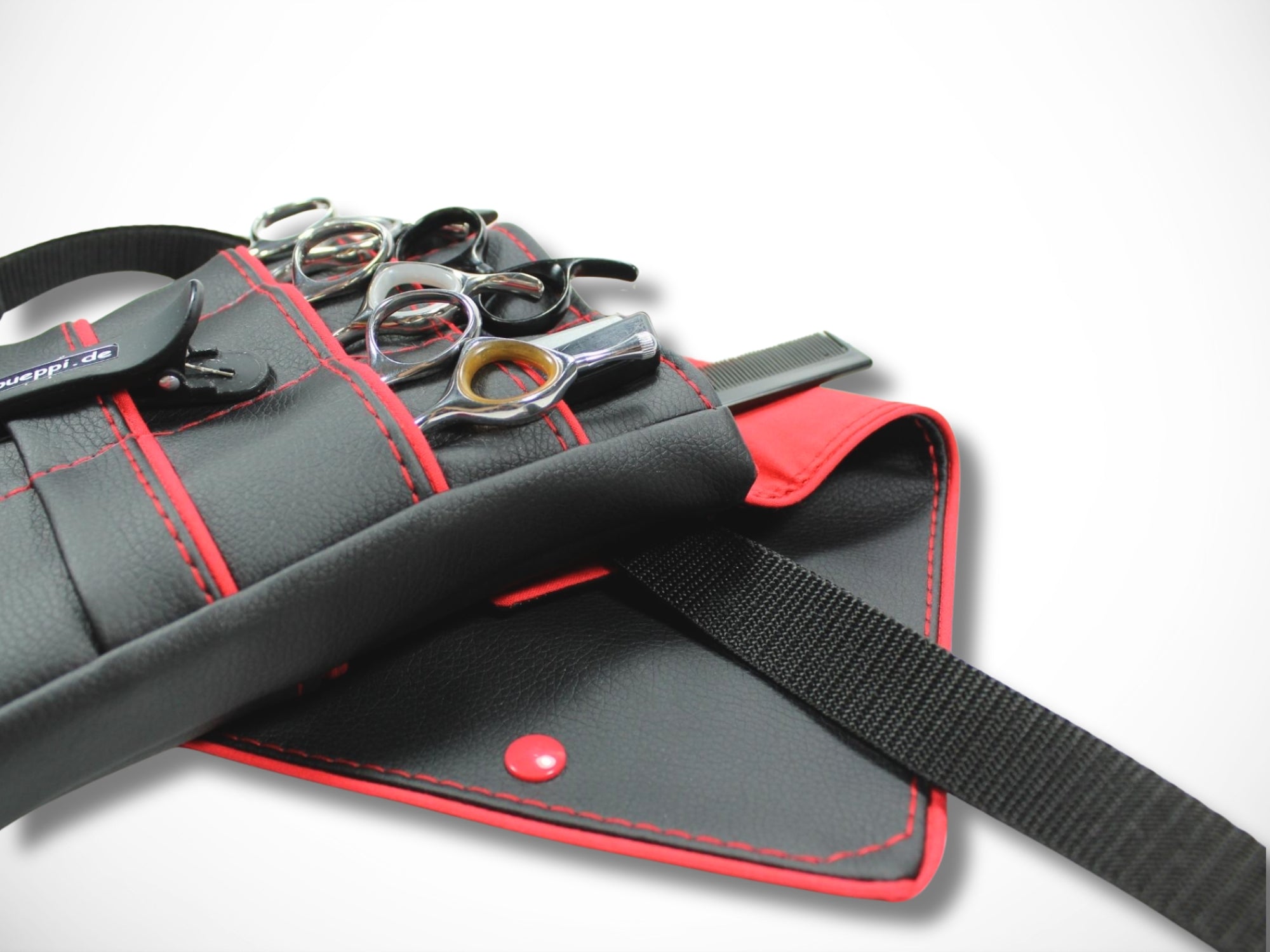 Schwarze Kunstleder Friseurtasche mit rotem Highlight für Friseur Scherentasche Gürteltasche im Friseursalon