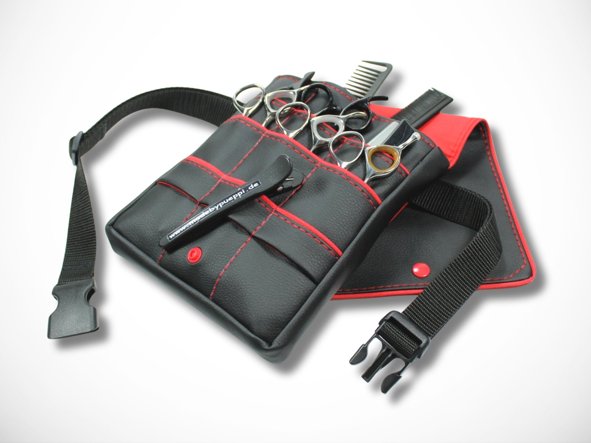 Schwarze Kunstleder Friseurtasche mit rotem Highlight für Friseur Scherentasche Gürteltasche im Friseursalon
