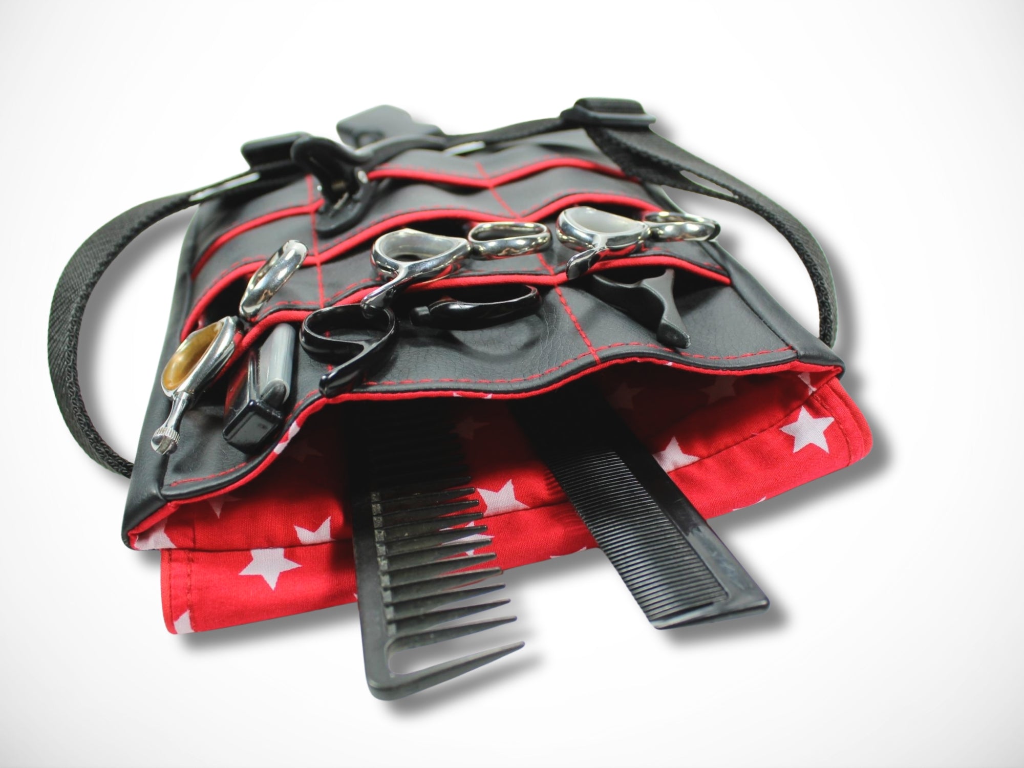 Friseurtasche aus schwarzem Kunstleder mit rotem Highlight und Sternen für Friseurscheren und Friseurgürteltasche