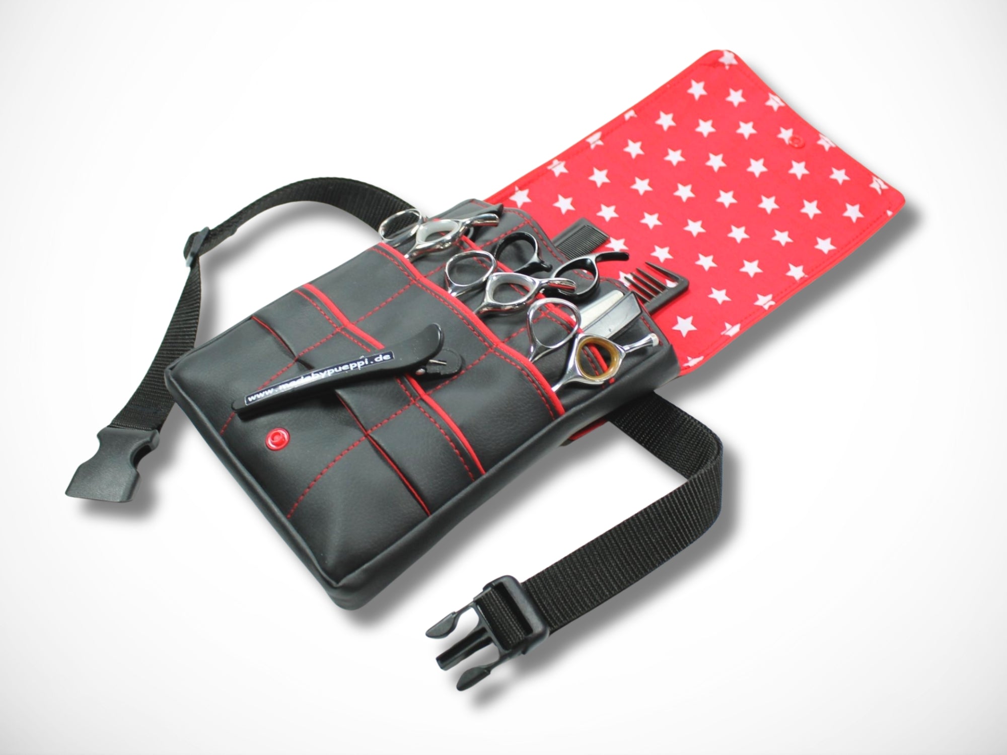 Friseurtasche aus schwarzem Kunstleder mit rotem Highlight und Sternen für Friseurscheren und Friseurgürteltasche