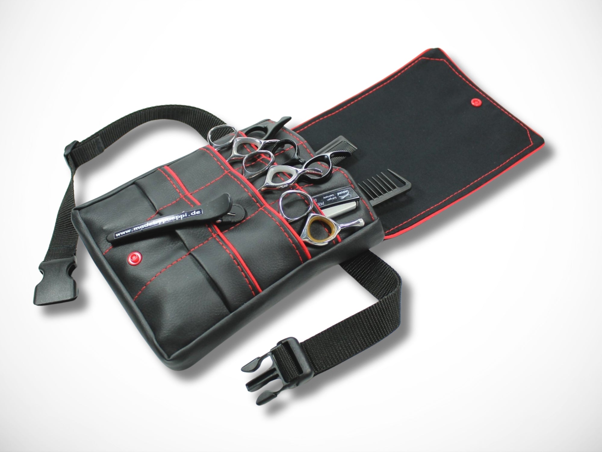 Friseurtasche aus schwarzem Kunstleder mit rotem Highlight für Friseurscheren und Friseurgürteltasche
