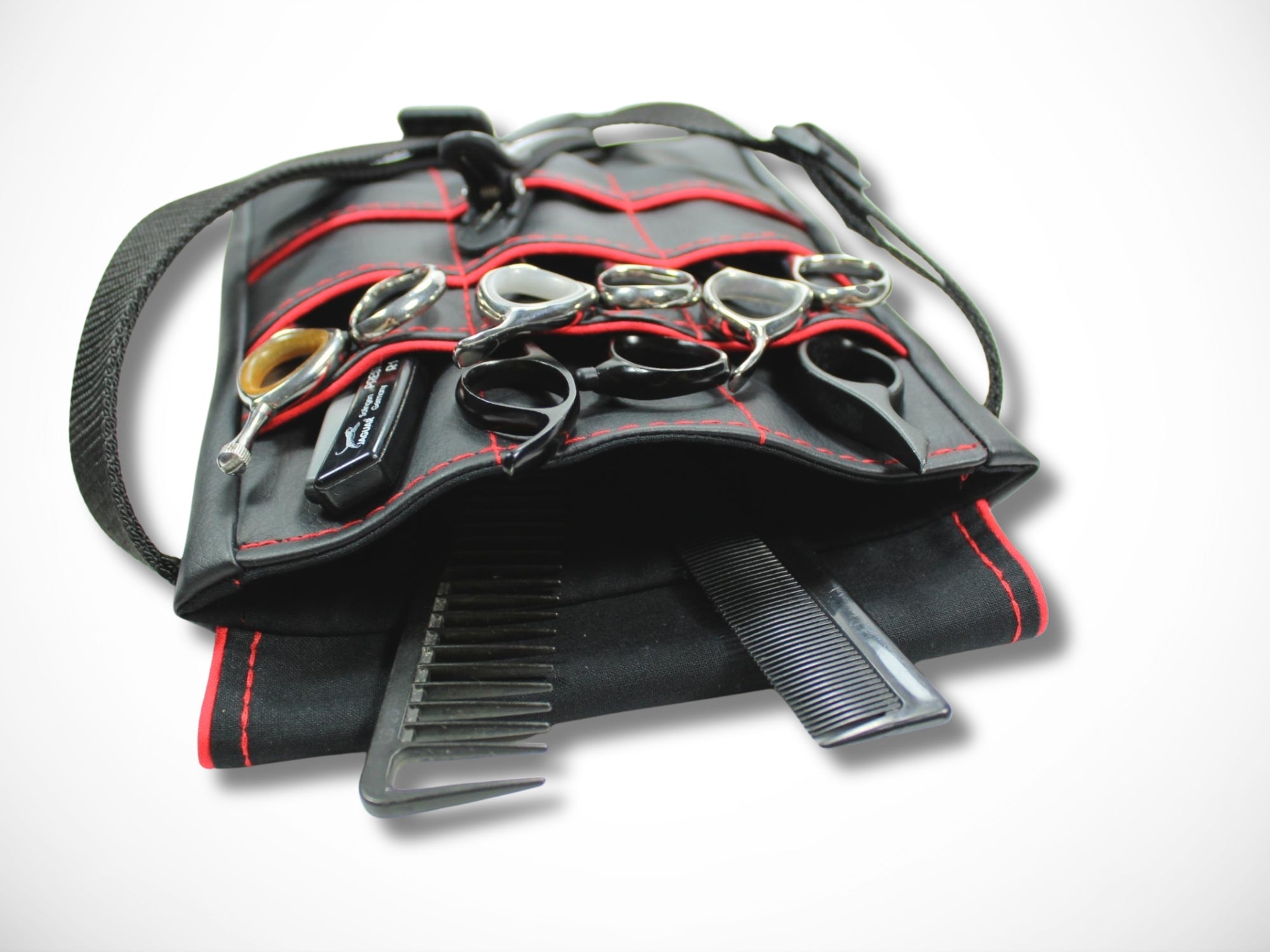 Friseurtasche aus schwarzem Kunstleder mit rotem Highlight für Friseurscheren und Friseurgürteltasche