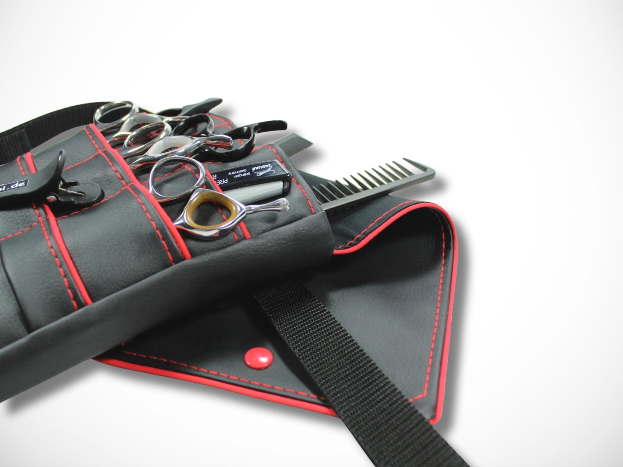 Friseurtasche aus schwarzem Kunstleder mit rotem Highlight für Friseurscheren und Friseurgürteltasche