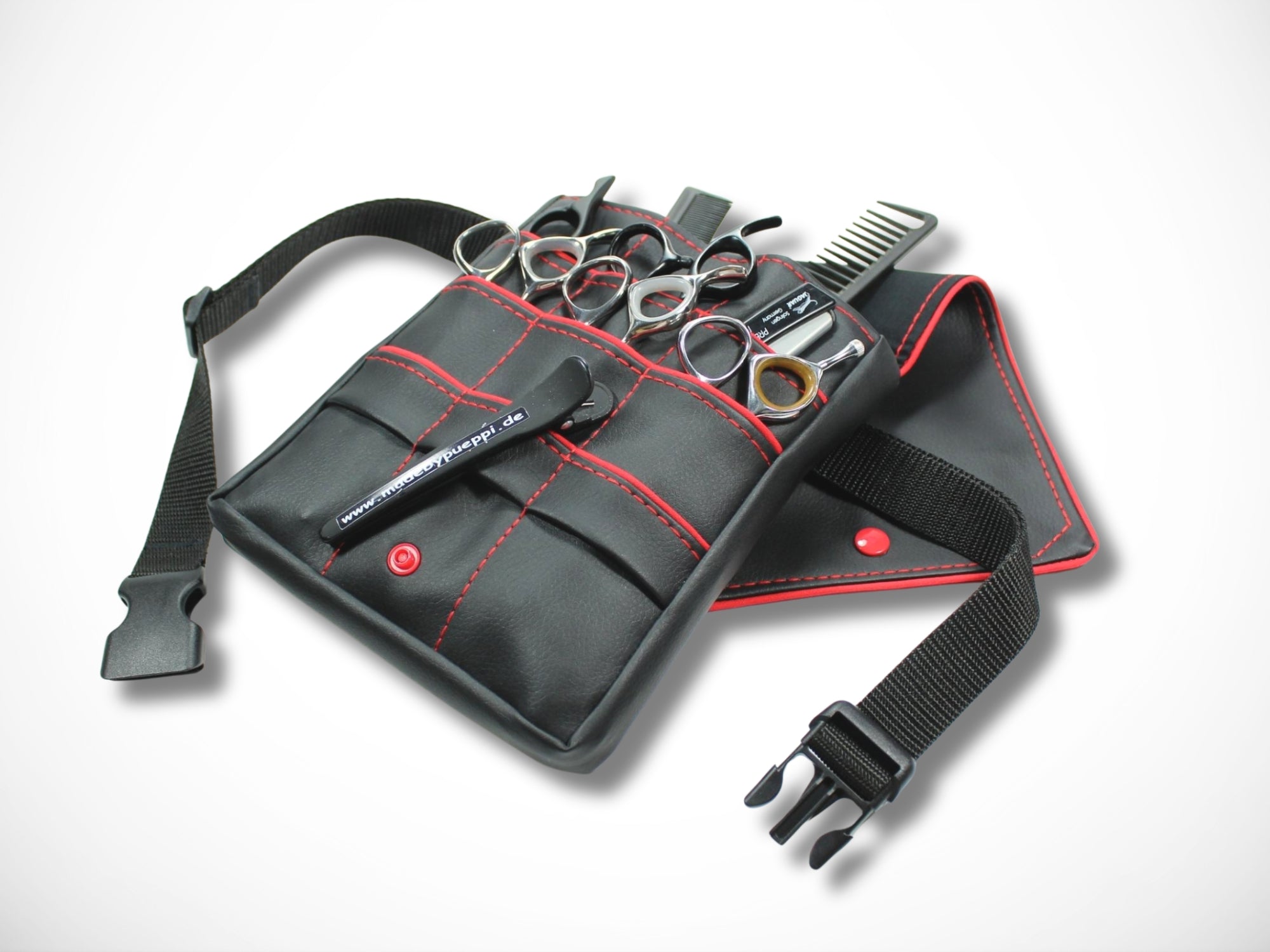 Friseurtasche aus schwarzem Kunstleder mit rotem Highlight für Friseurscheren und Friseurgürteltasche