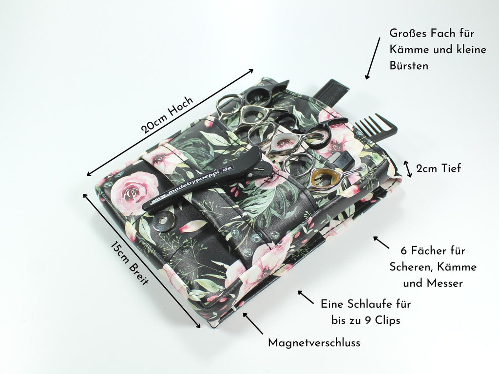Blumen Friseur Werkzeugtasche aus schwarzem Kunstleder mit Kunstleder Gurtband