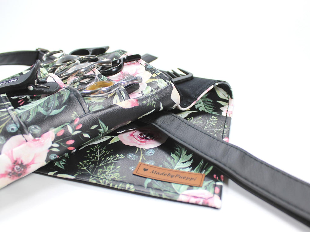 Blumen Friseur Werkzeugtasche aus schwarzem Kunstleder mit Kunstleder Gurtband