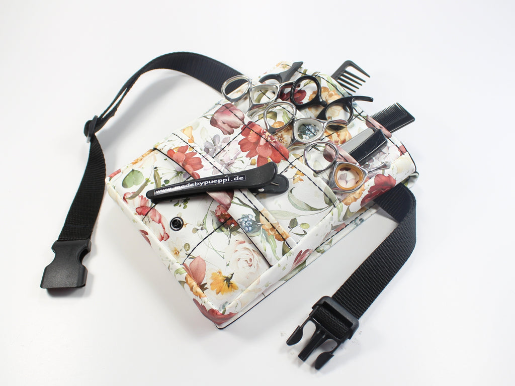 Blumen Friseur Werkzeugtasche aus weißem Kunstleder mit Blumen Motiven
