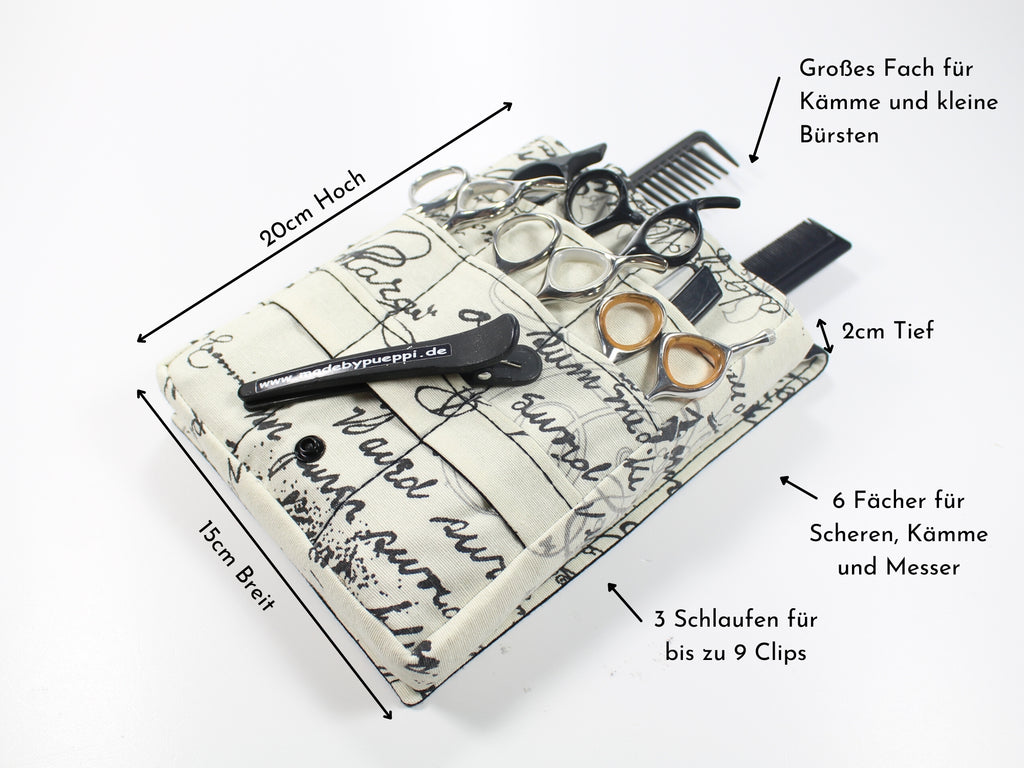 Friseur Werkzeugtasche mit alten Schriftarten in beige und schwarz