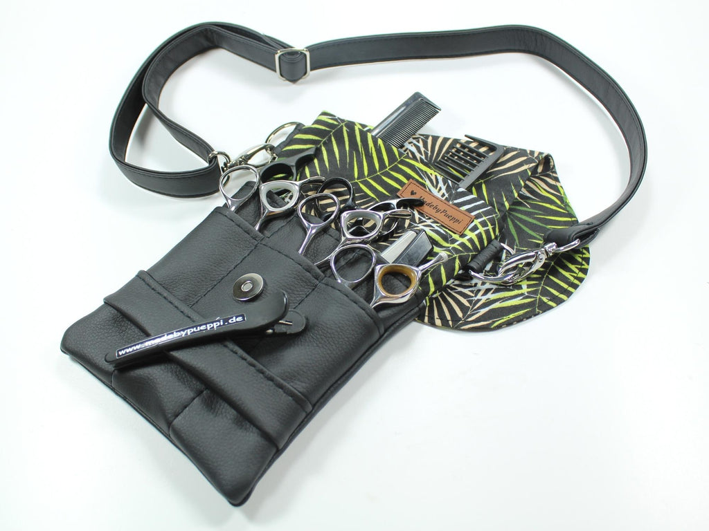 Elegante Friseur Werkzeugtasche zum Umhängen in schwarz mit grünem Blätter Stoff