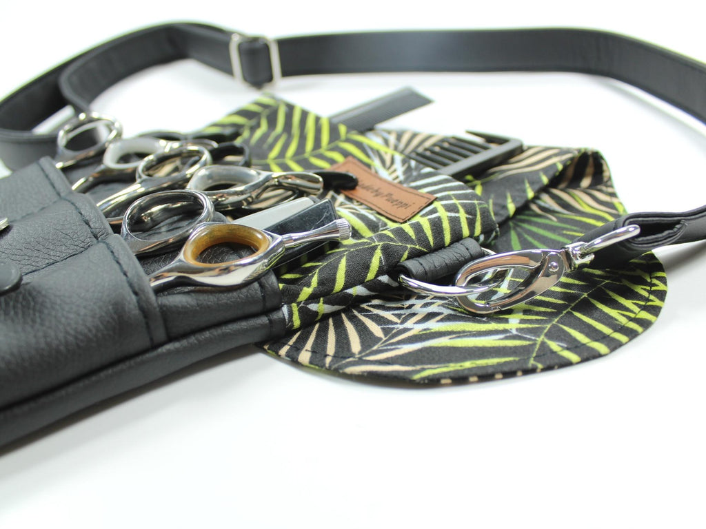 Elegante Friseur Werkzeugtasche zum Umhängen in schwarz mit grünem Blätter Stoff