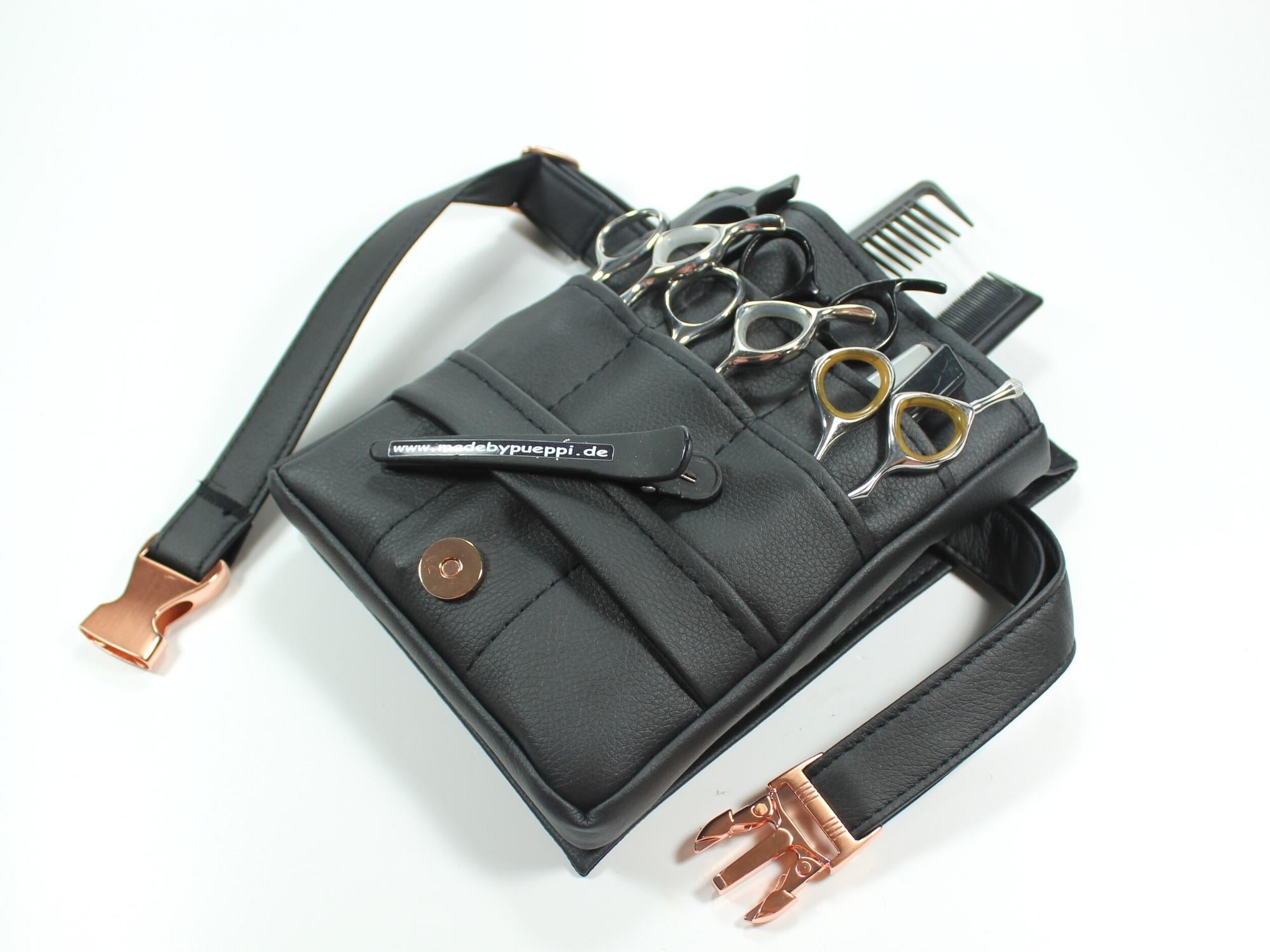 Elegante Friseur Werkzeugtasche in schwarz mit Rosegoldenen Metall Accessoires