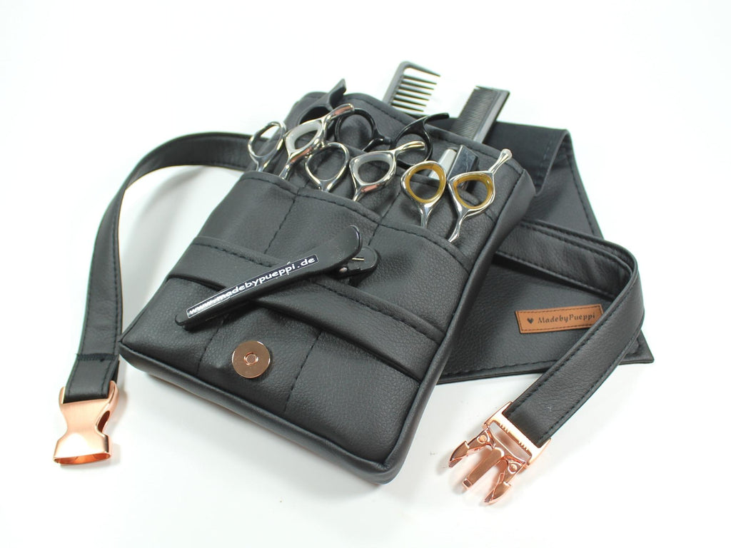 Elegante Friseur Werkzeugtasche in schwarz mit Rosegoldenen Metall Accessoires