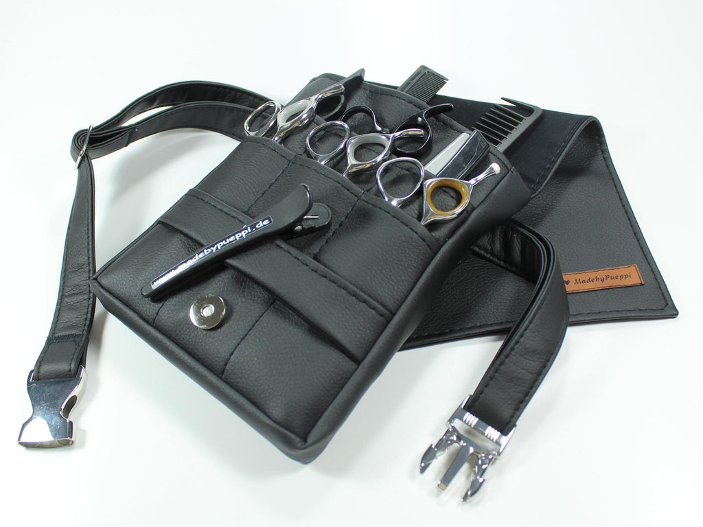 Elegante Friseur Werkzeugtasche in schwarz mit silbernen Metall Acessoures