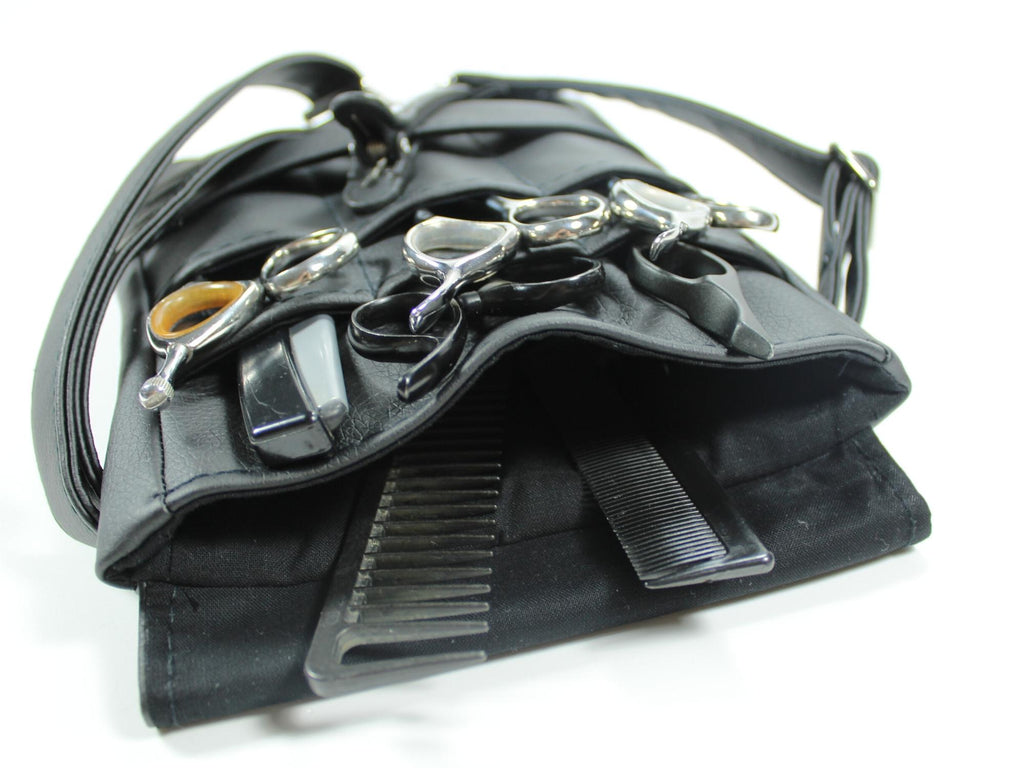 Elegante Friseur Werkzeugtasche in schwarz mit silbernen Metall Acessoures