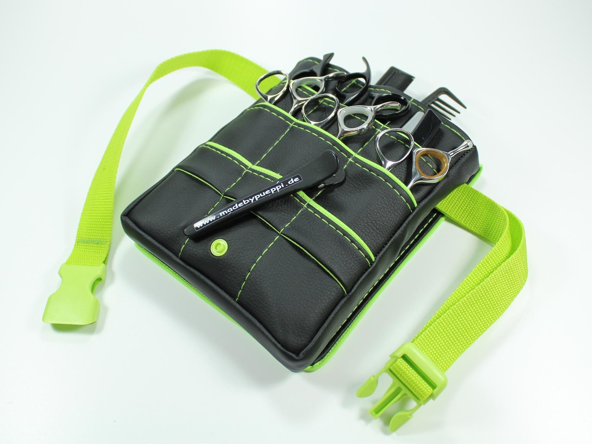 Kunstleder Friseur Werkzeugtasche in schwarz mit grünem Highlight