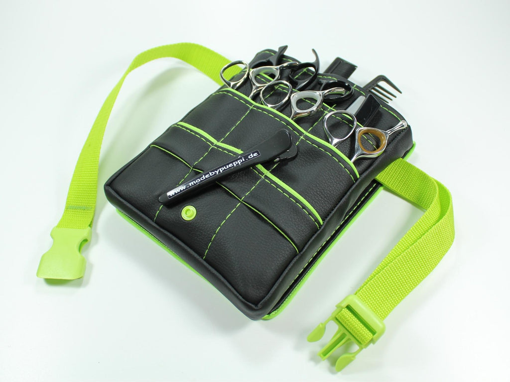Kunstleder Friseur Werkzeugtasche in schwarz mit grünem Highlight