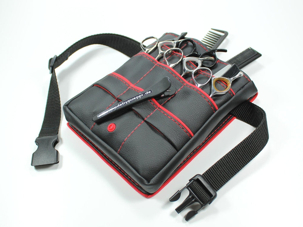 Kunstleder Friseur Werkzeugtasche in schwarz mit rotem Highlight