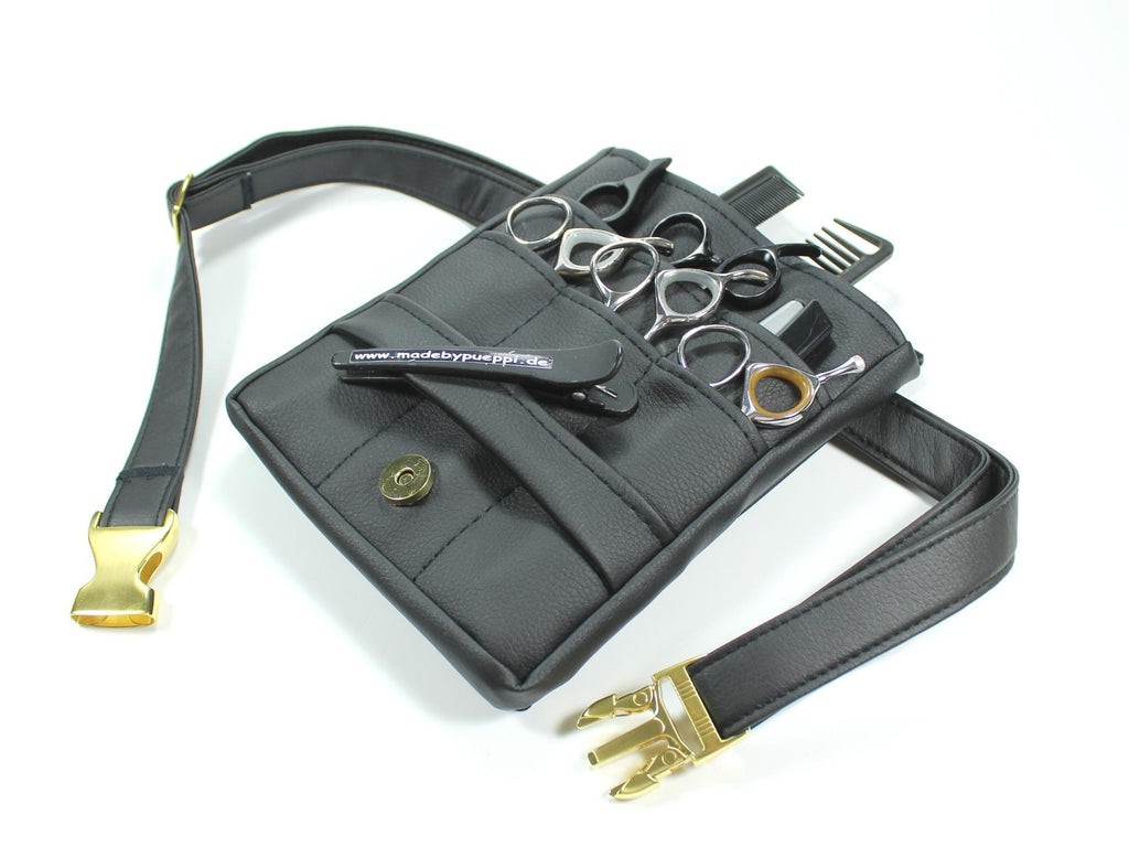 Friseur Werkzeugtasche in schwarz aus Kunstleder mit Kunstleder Taschengurtband