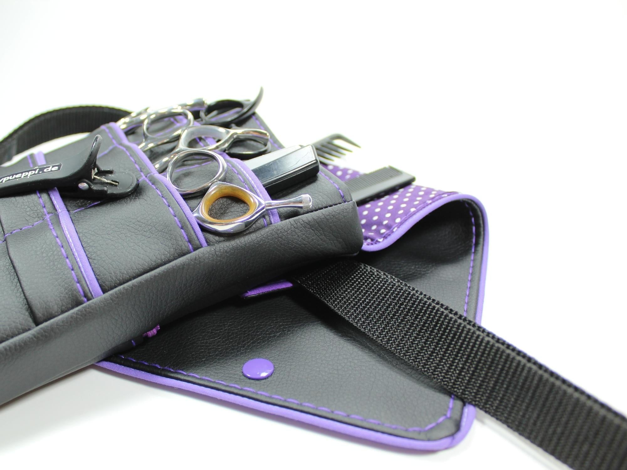 Kunstleder Friseur Werkzeugtasche in schwarz mit lila Innenstoff mit Punkten