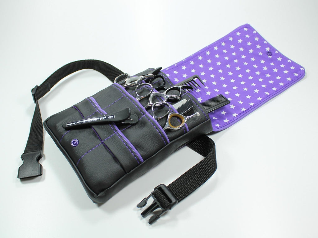 Kunstleder Friseur Werkzeugtasche in schwarz mit lila Innenstoff mit Sternen