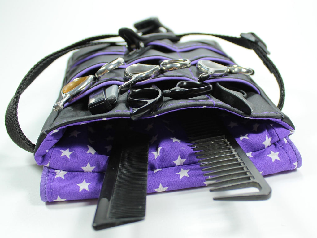 Kunstleder Friseur Werkzeugtasche in schwarz mit lila Innenstoff mit Sternen