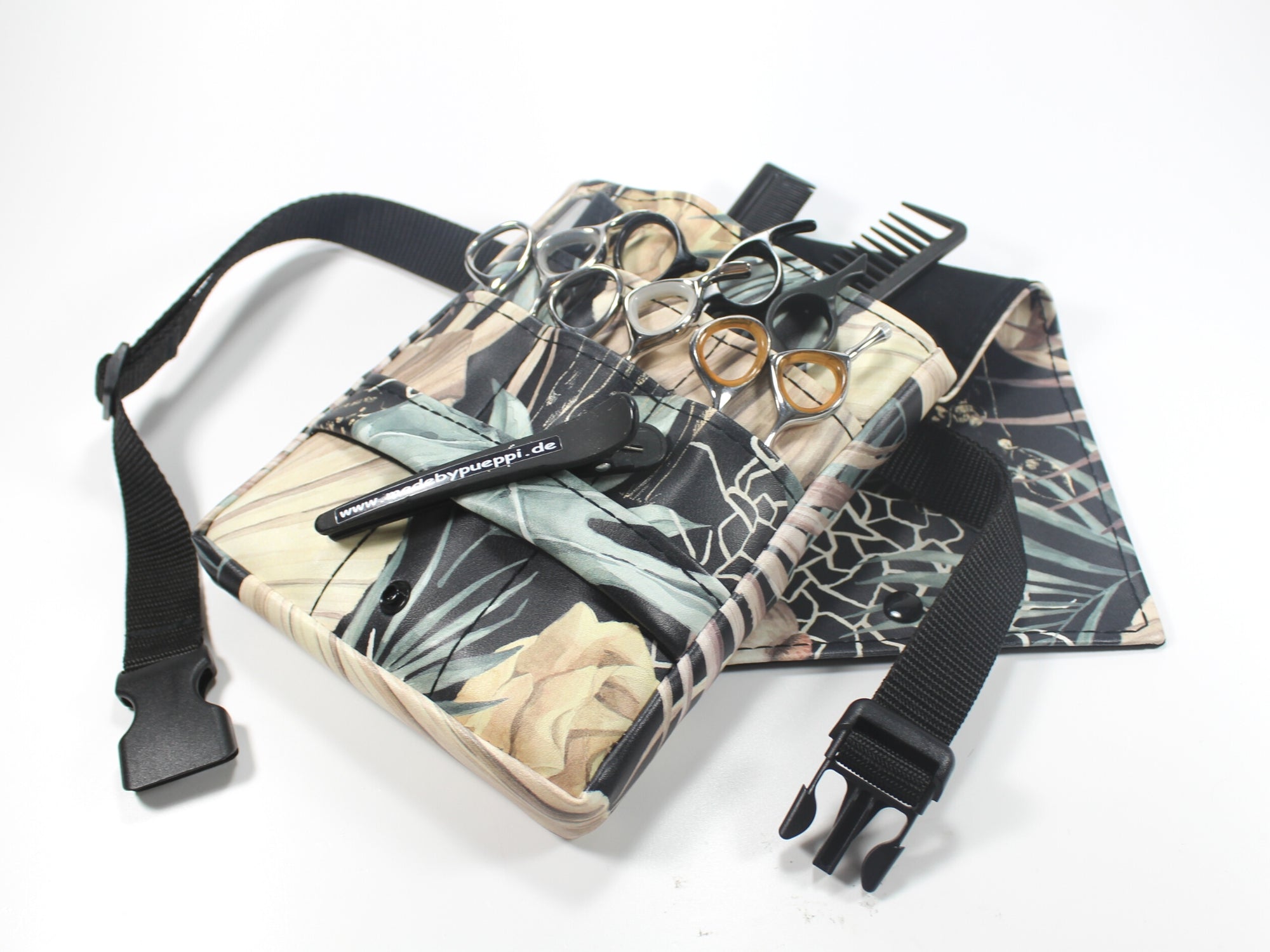 Kunstleder Friseur Werkzeugtasche in schwarz mit Blätter Motiven